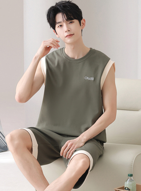 卡之恋男士睡衣夏季纯棉薄款韩版绿色背心短裤大码运动青年家居服