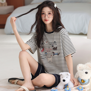 卡之恋睡衣女款2026新款夏季纯棉短袖条纹短裤运动套装学生家居服