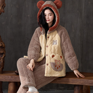 睡衣女款冬季加绒加厚三层夹棉珊瑚绒可爱法兰绒冬天家居服