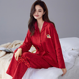 卡之恋红色睡衣长袖春秋季纯棉开衫翻领女款卡通可爱小熊家居服冬
