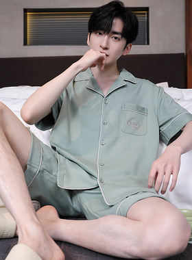 卡之恋男士纯棉睡衣夏季薄款短袖绿色简约休闲宽松加肥加大家居服