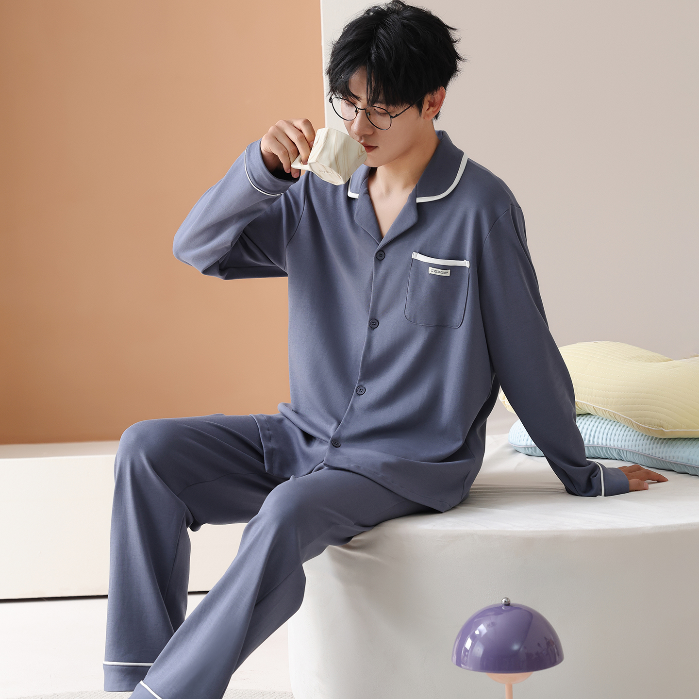 卡之恋睡衣男款长袖2025新款春秋季纯棉蓝色开衫韩版家居服两件套