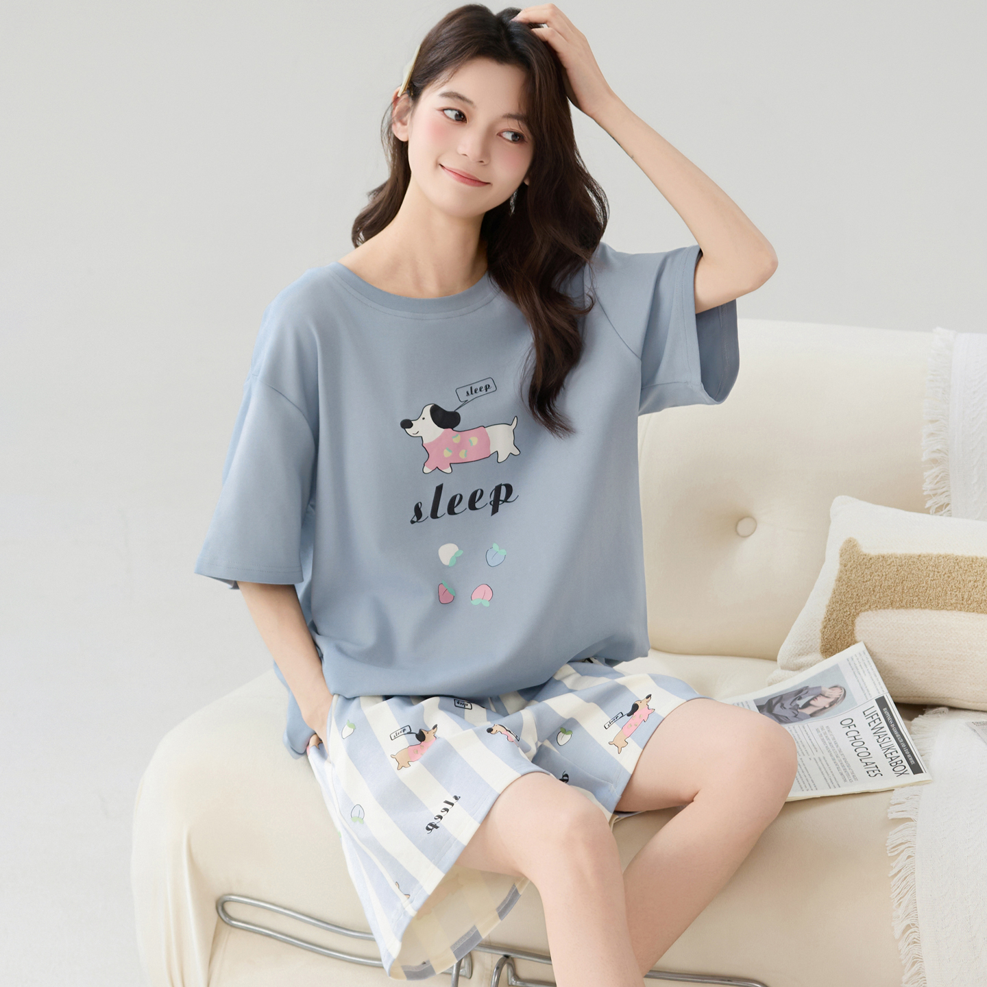 卡之恋睡衣女款夏季纯棉薄款短袖蓝色卡通狗狗短裤条纹学生家居服