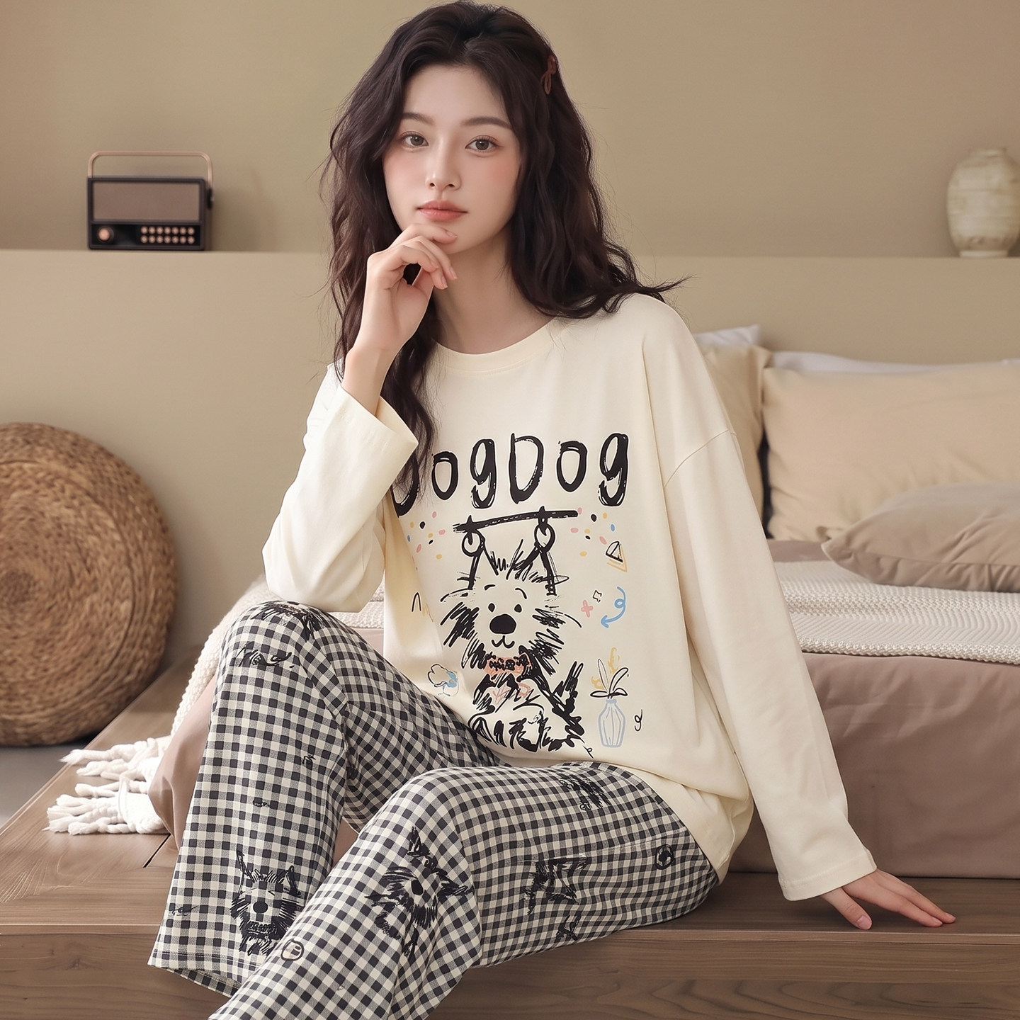 睡衣女款秋春加厚纯棉柔软长袖