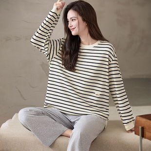 卡之恋睡衣女款 纯棉学生黑白条纹简约可外穿家居服两件套 春秋长袖