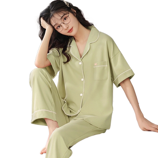 卡之恋睡衣女夏天薄款纯棉开衫短袖长裤奶系绿色田园风简约家居服
