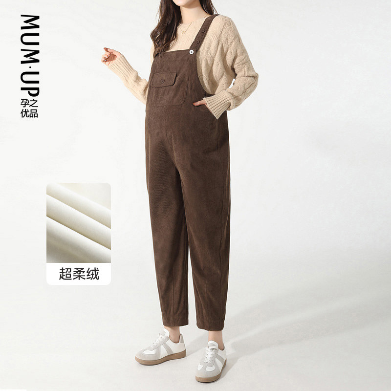 孕之优品灯芯绒孕妇背带裤秋冬外穿宽松孕妇装冬季加绒加厚孕妇裤