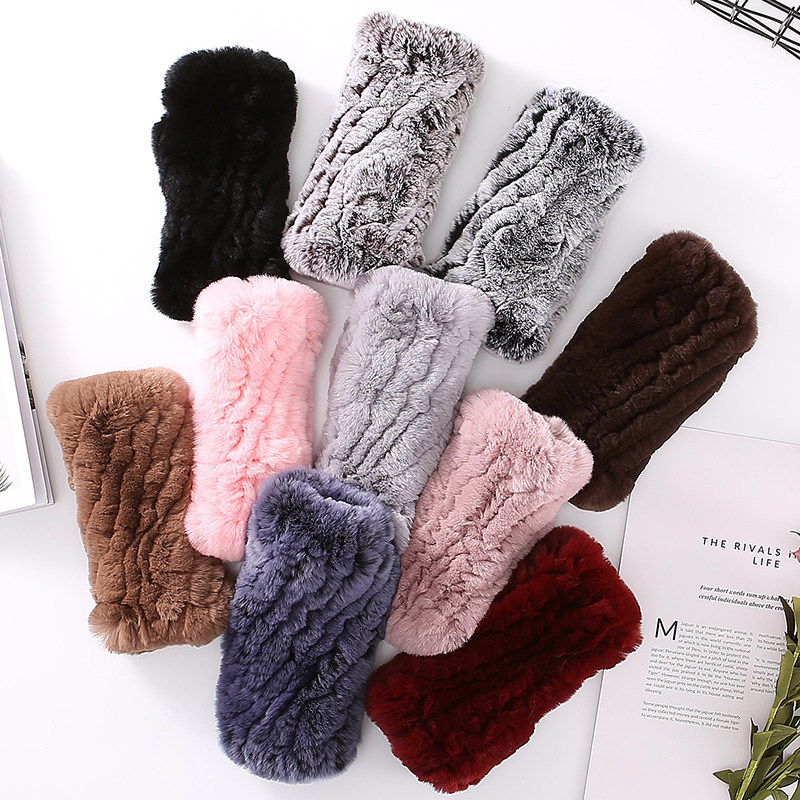 韩版獭兔毛弹力露指手套冬季保暖真毛可爱皮草毛毛手套女士加长厚