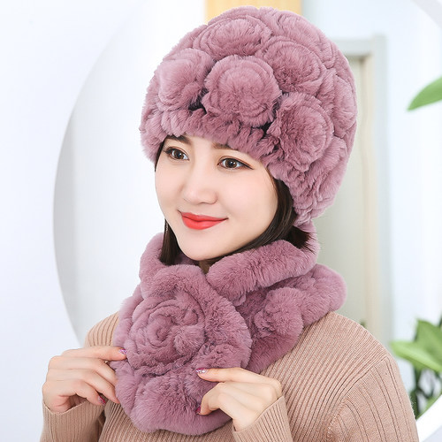 妈妈奶奶秋冬季獭兔毛帽子围巾套