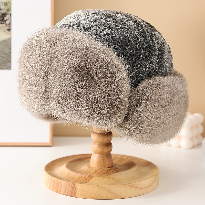 水貂毛帽子女冬季护耳皮草帽保暖妈妈爸爸整貂贝雷帽防寒棉帽子男