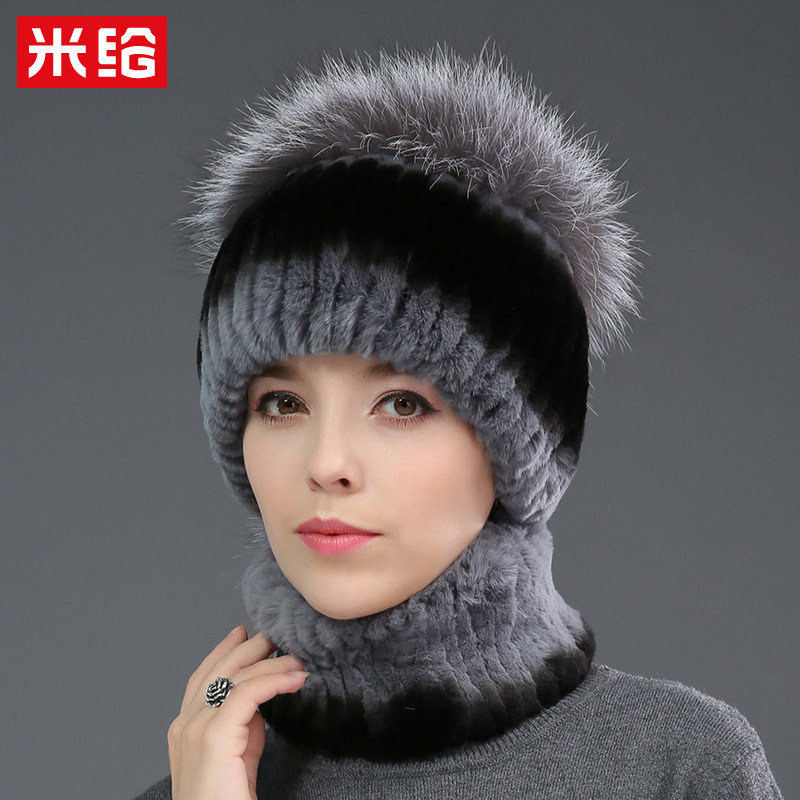 獭兔毛帽子女冬季韩版狐狸毛球加厚保暖护耳毛线针织皮草帽子围脖