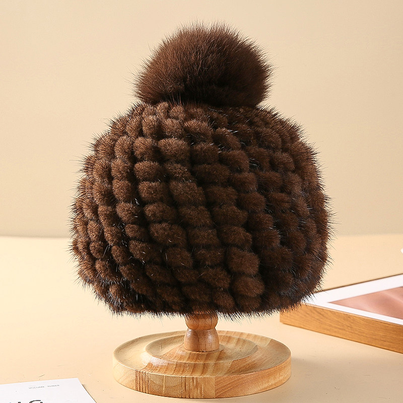 冬款水貂毛菠萝帽大条纹编织保暖百搭韩版女士皮草护耳包头贝雷帽