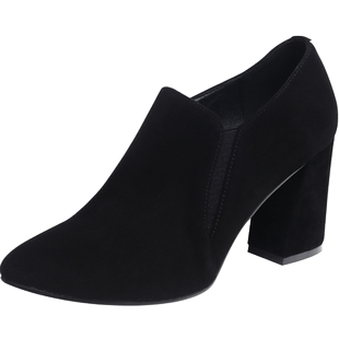 2025新款羊皮气质尖头粗跟高跟鞋软皮绒面深口单鞋秋冬女鞋真皮鞋