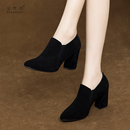 真皮鞋 2025新款 秋冬女鞋 软皮绒面深口单鞋 羊皮气质尖头粗跟高跟鞋