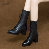2025新款 秋冬加绒尖头中筒靴马丁靴高跟短靴真皮鞋 粗跟中跟女靴子