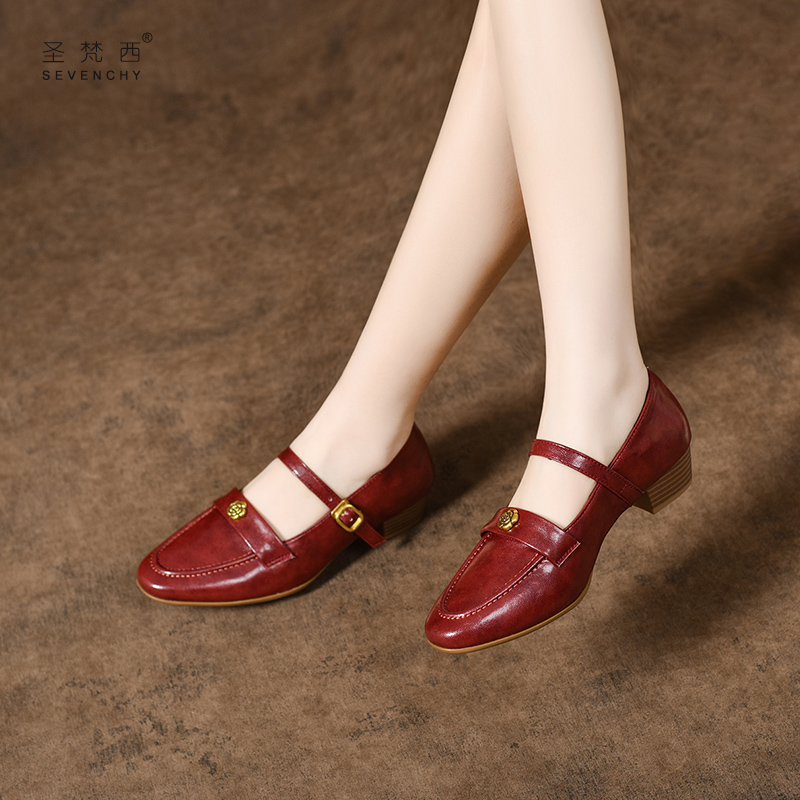 2025新款秋款女鞋法式复古红色玛丽珍鞋中跟单鞋真皮小皮鞋女春秋