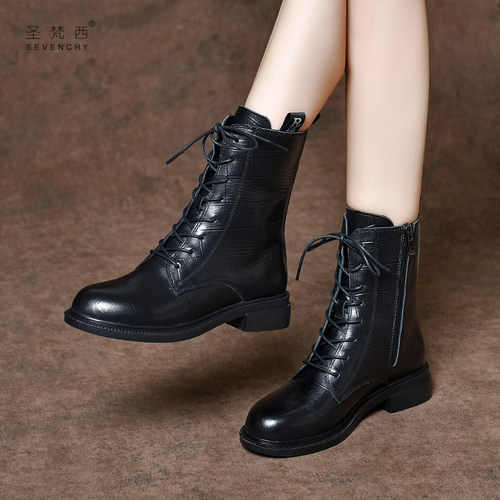 圣梵西英伦风真皮女靴中筒马丁靴