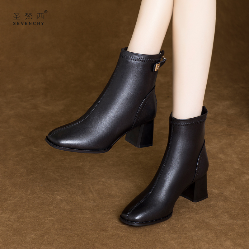 软皮羊皮高跟短靴时尚气质百搭