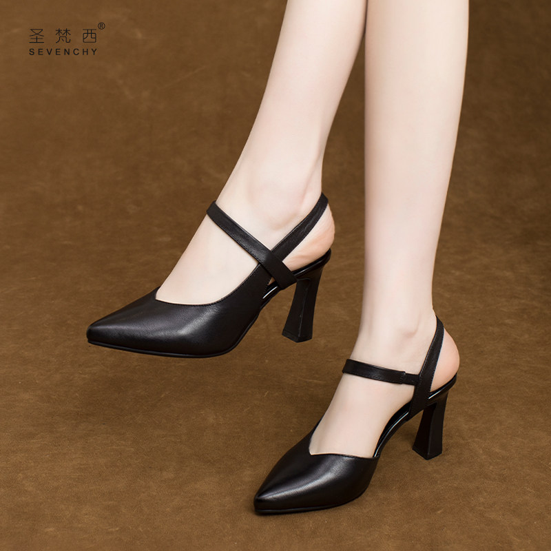 2024年新款夏季女鞋尖头一字扣细跟包头凉鞋高跟鞋后空软皮真皮鞋,女鞋,时装凉鞋,淘宝优惠券,粉丝福利购,淘宝优惠卷