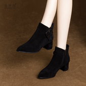 中跟真皮鞋 2025新款 女士洋气尖头粗跟磨砂小短靴踝靴秋冬绒面女鞋