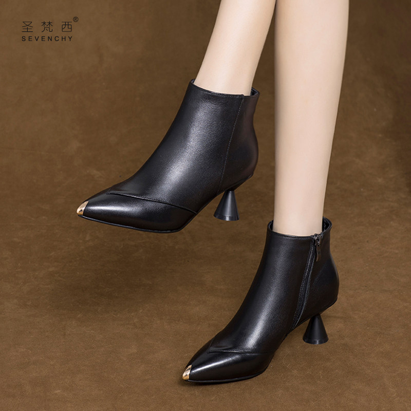 2021年新款尖头细跟小跟短靴女春秋季单靴中跟高跟真皮鞋软皮靴子,女鞋,时装靴,淘宝优惠券,粉丝福利购,淘宝优惠卷