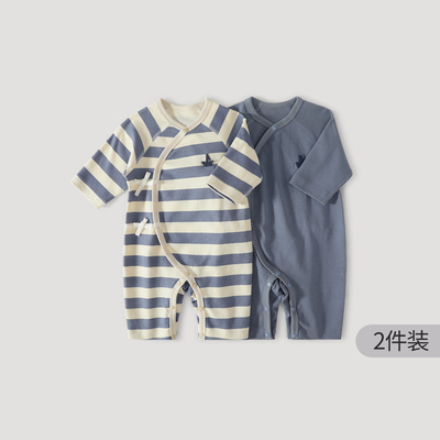 婴儿连体衣秋季哈衣爬爬服新生儿纯棉睡衣条纹初生宝宝衣服2件装 — 3