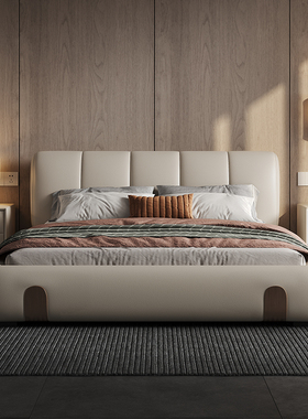 现代简约真皮床结婚主次卧高端大气轻奢法式奶油风钢琴键2米储物