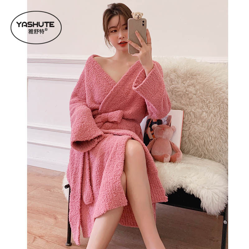软绵绵睡裙女秋冬加厚保暖长款睡袍套装可外穿日系甜美软糯家居服