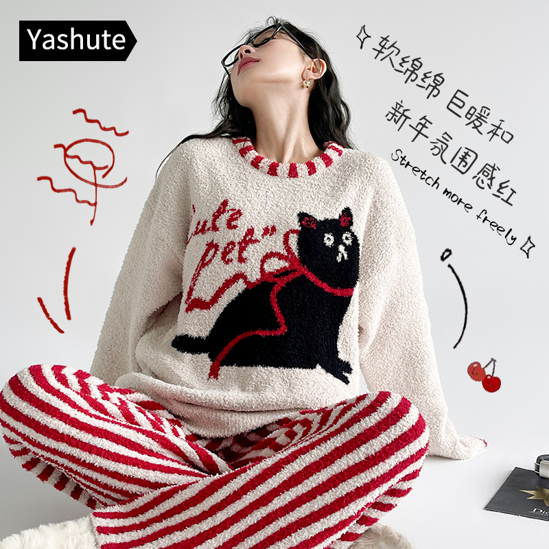 半边绒睡衣红色复古猫咪家居服