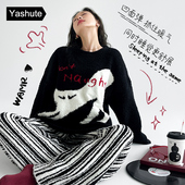 25年秋冬季 睡衣女士加绒加厚半边绒复古猫咪慵懒风可外穿家居服套