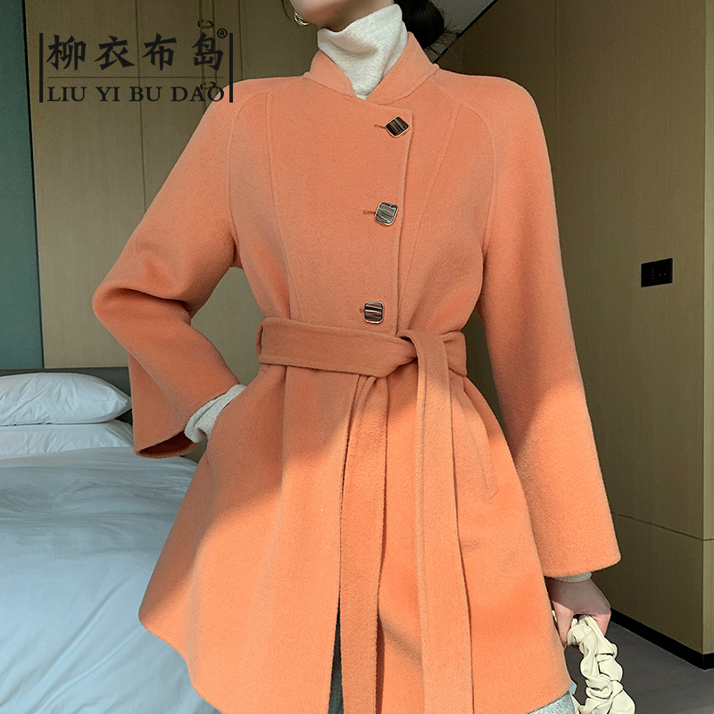 秋季2020新款韩版双面羊绒大衣女短款小个子修身显高橘色毛呢外套