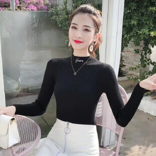 秋冬新款刺绣字母半高领毛衣打底衫女韩版长袖套头修身针织衫上衣