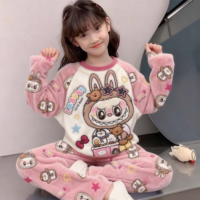 儿童睡衣珊瑚绒法兰秋冬季加绒女童女孩家居服2025新款加厚拉布布