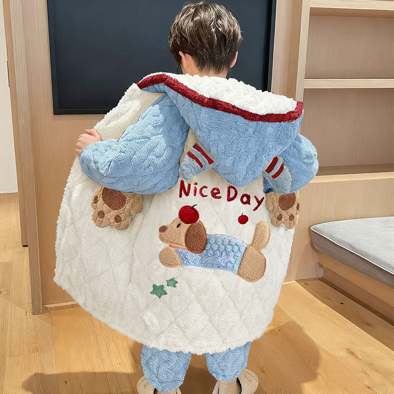 儿童睡衣男童男孩三层夹棉秋冬季加绒珊瑚2025新款加厚家居服睡袍