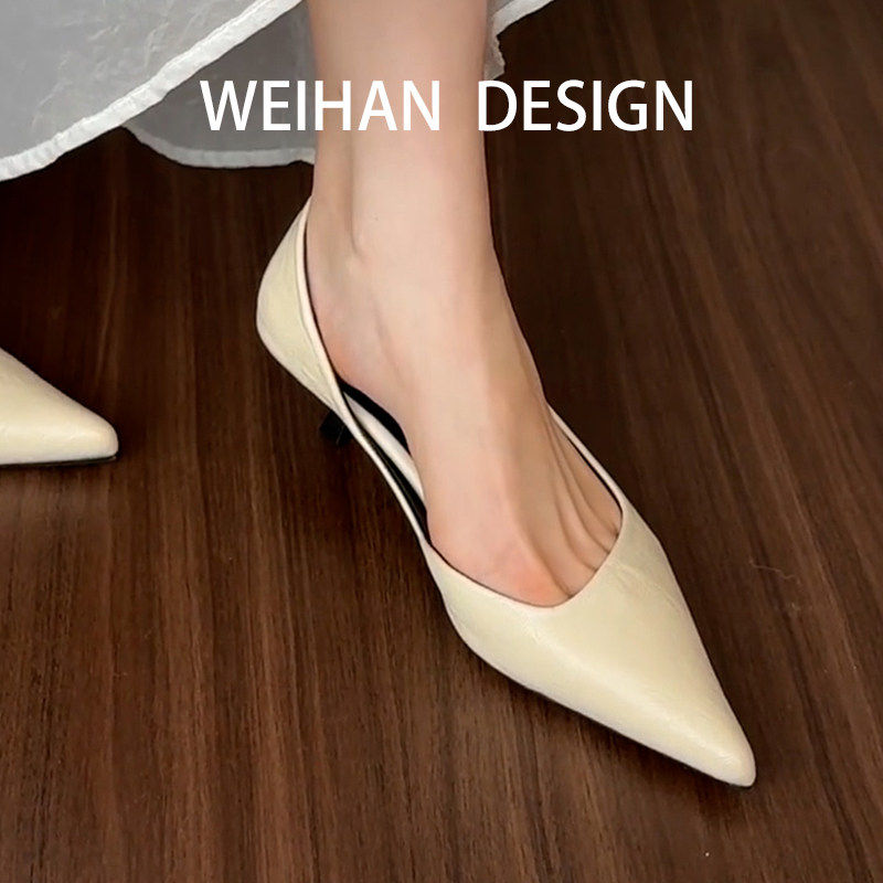 羊皮版！法式尖头侧空浅口包头凉鞋女外穿不累脚小猫跟性感风单鞋