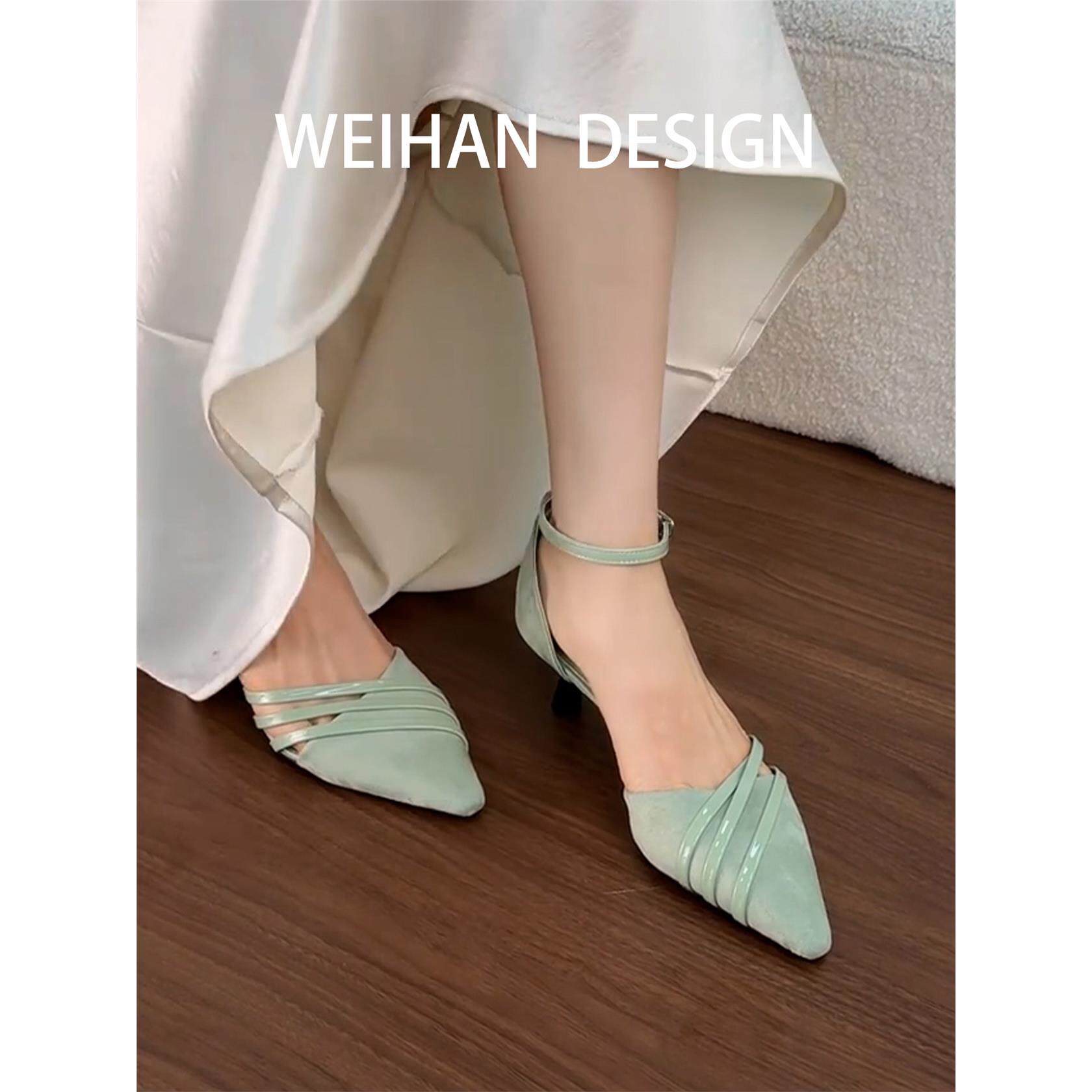 羊皮版！新中式温柔中空细跟凉鞋女配裙子仙女风一字扣气质高跟鞋