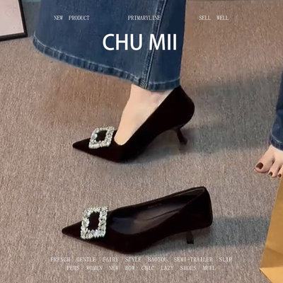 羊皮版！法式水钻细跟高