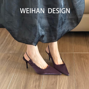 羊皮版！法式尖头绸缎包头凉鞋女设计感浅口小猫跟单鞋性感高跟鞋