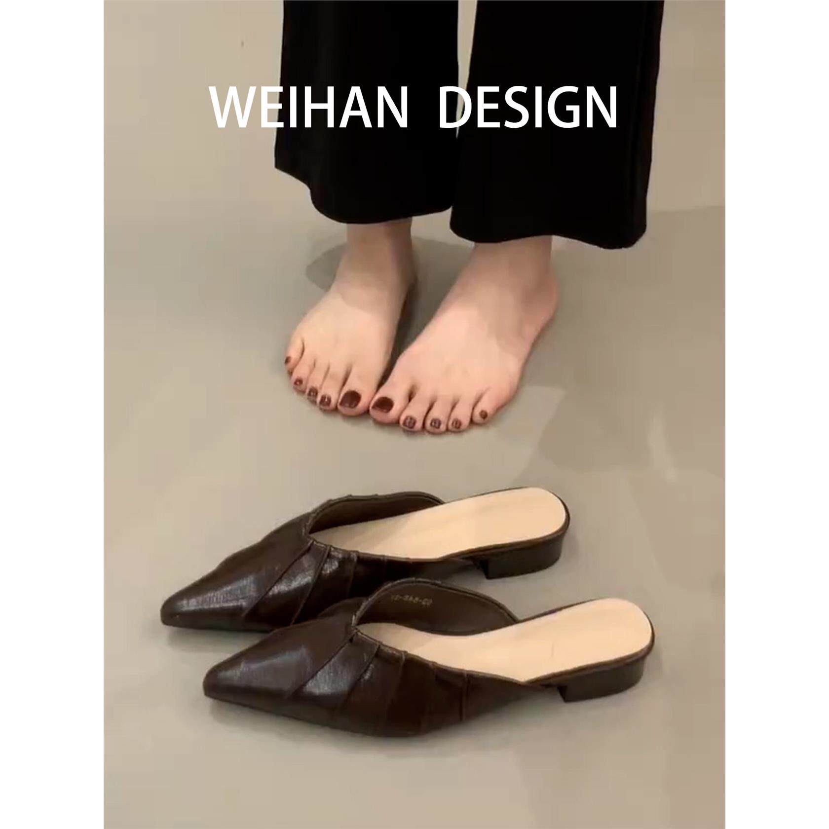 羊皮版！尖头复古平跟包头半拖鞋外穿一脚蹬懒人低跟穆勒凉拖鞋女