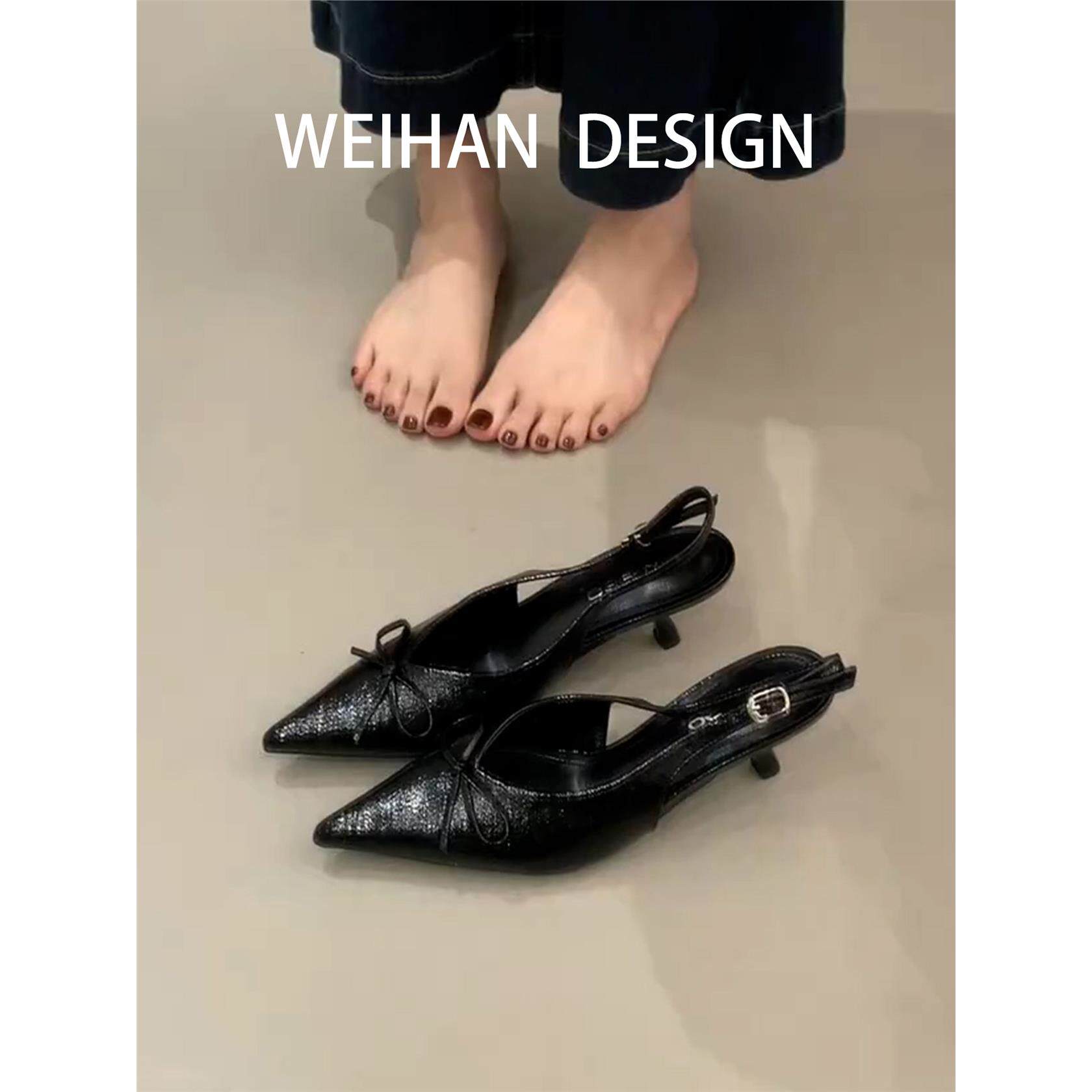 羊皮版！黑色尖头一字带包头凉鞋女细跟后空单鞋通勤配裙子高跟鞋