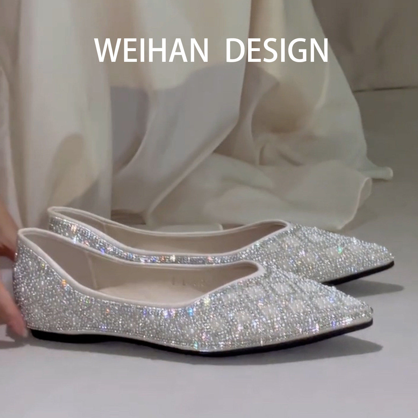 羊皮版！水钻尖头浅口气质单鞋女春夏一脚蹬名媛风婚鞋仙女平底鞋