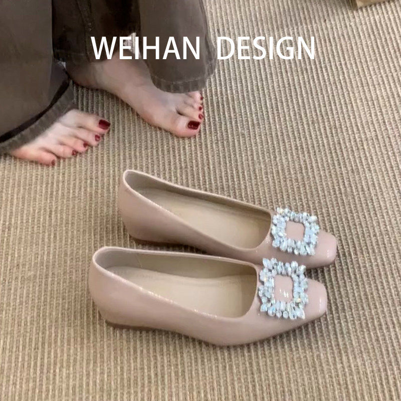 羊皮版！法式水钻方扣粉色内增高单鞋女一脚蹬配裙子平底浅口单鞋