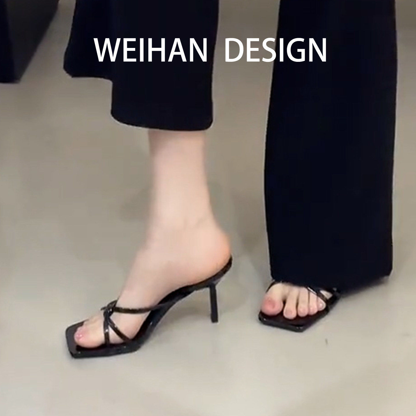 羊皮版！法式夹趾气质凉鞋黑色百搭细跟拖鞋女外穿方头高跟人字拖