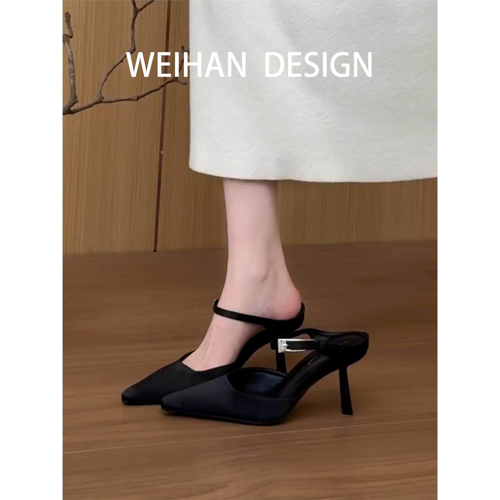 羊皮版！绸缎黑色尖头包头半拖鞋女高级感气质细跟凉鞋性感高跟鞋