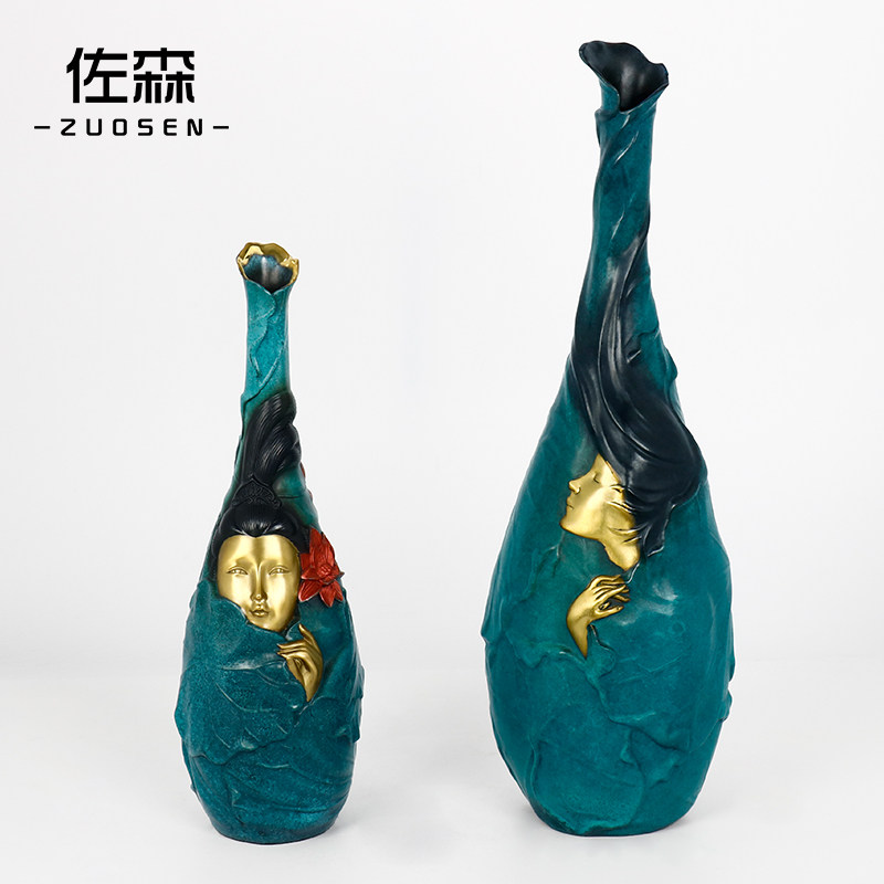 佐森 娇韵楼台 全黄铜新中式摆件客厅家居装饰品 干青花手绘铜瓶
