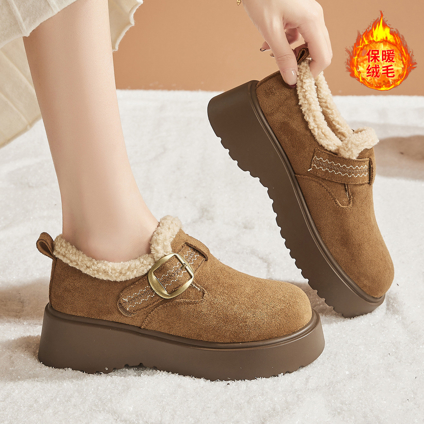 全包厚底增高5CM勃肯鞋2025冬季新款加绒保暖防滑魔术贴休闲棉鞋