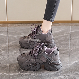 复古潮流休闲运动鞋 时尚 新款 女2025冬季 水钻厚底增高6公分老爹鞋