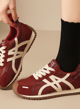 复古红色德训鞋女2025秋季新款潮流时尚撞色百搭运动休闲鞋阿甘鞋