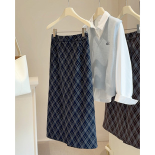 复古磨毛格子半身裙女2025新款秋季高腰中长款包臀后开叉直筒裙子