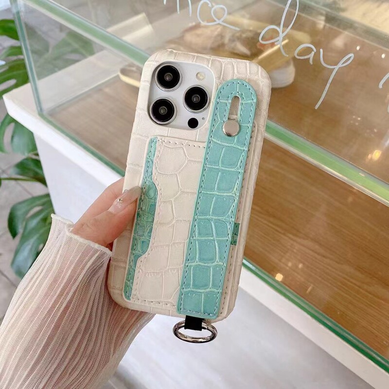 多巴胺撞色鳄鱼纹卡包适用苹果15promax手机壳iphone14新款卡包12带腕带13pro马卡龙14promax女1